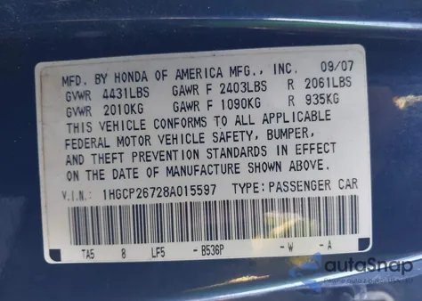 2008 Honda Accord 2.4 Ex from USA, damaged, VIN 1HGCP26728A015597